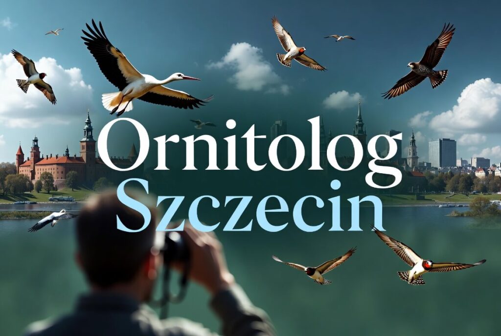 ornitolog na tle miasta Szczecin